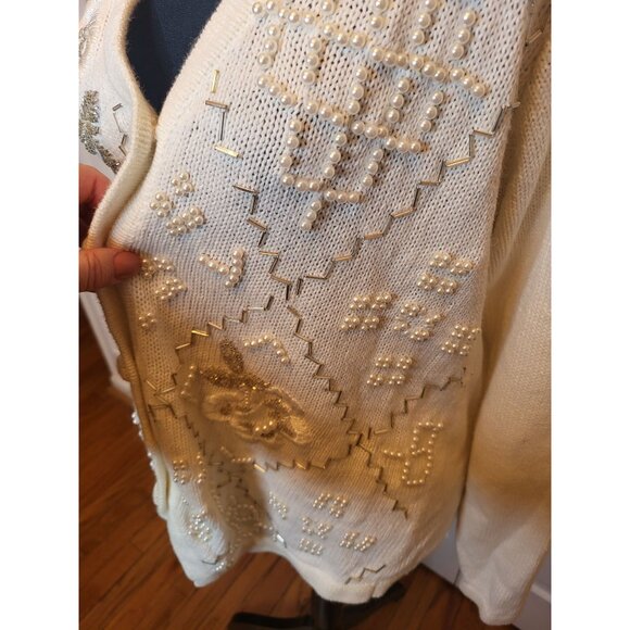 Vintage 90's/Y2K White/Silver Beaded Cardigan S Pearls Cottage Fairy Feminine - Picture 6 of 9